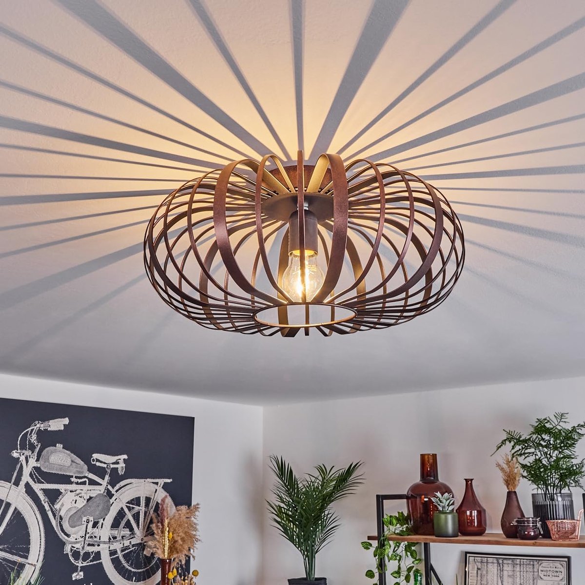 Plafondlamp Oravi moderne plafondlamp van metaal in koperkleur/zwart, lamp in modern design met lichteffect, ø40 cm, 1 vlam, 1 x E27, zonder gloeilampen