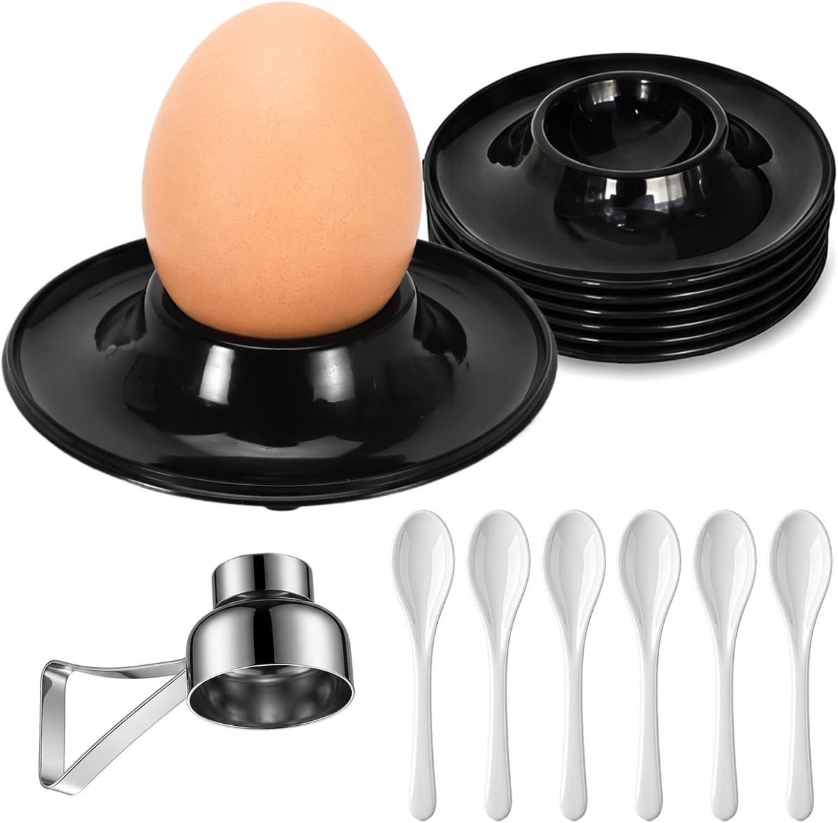 6 eierdopjes, 6 eierlepels met 1 eieropener, roestvrij staal, stapelbare ronde eierhouder, eierlepel van kunststof, voor rauw / zacht hardgekookt ei, ontbijt, keuken, camping
