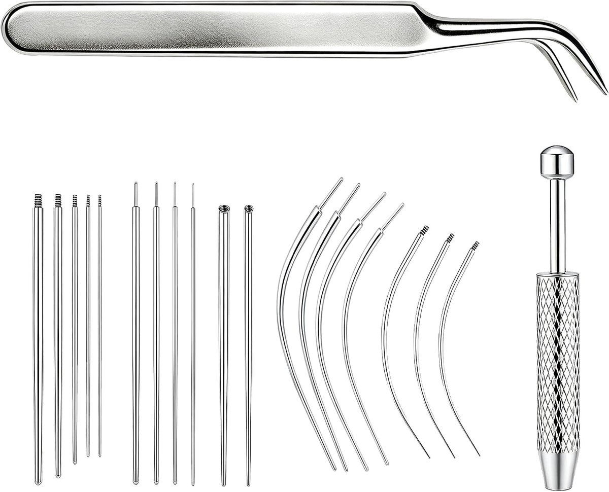 20 stuks met 18 naalden, piercing bal opdraaier en pincet tapers wisselhulp set gereedschap voor oor, neus, lip, tong, bijpassende accessoireset voor eenvoudig wisselen