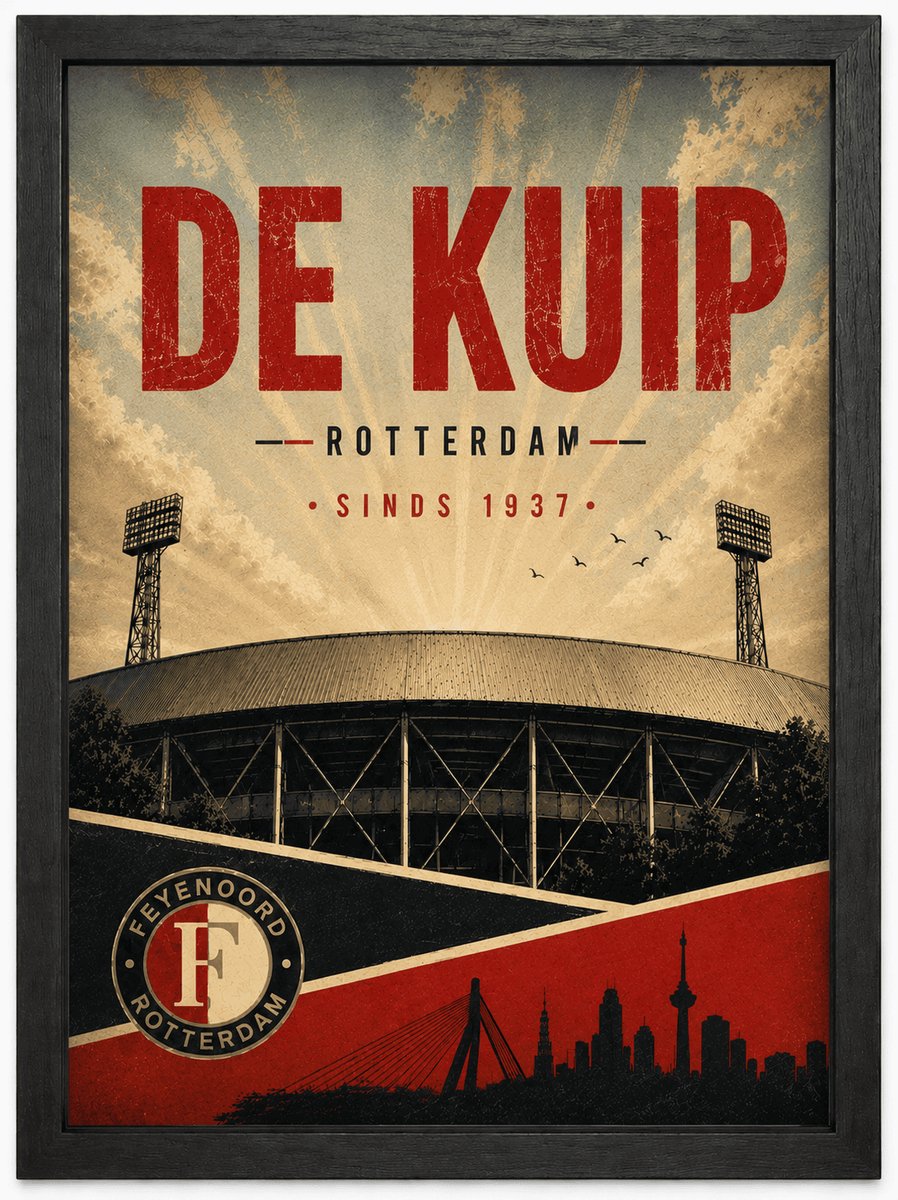 Feyenoord Poster | De Kuip Vintage Art Print | Retro Voetbal Poster | Inclusief Zwarte A3 Lijst