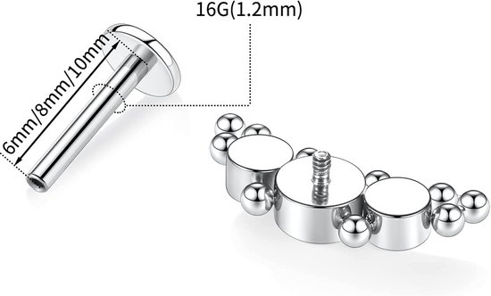 16G G23-titanium, platte rug, intern geschroefde labret, stud voor onderlip of tragus, zilveren piercing monroe medusa voor kraakbeen oorlel, oorbel, conch-sieraad, 6, 8, 10 mm, Metaal — afbeelding 4