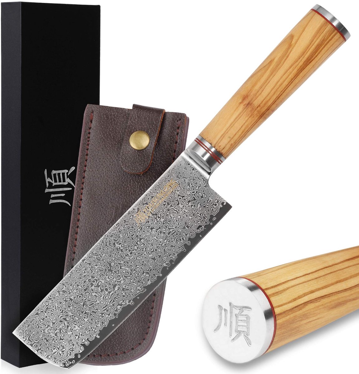 SolidKeus - Nakiri Mes 17 cm met Damast Staal en Olijf Houten Handvat