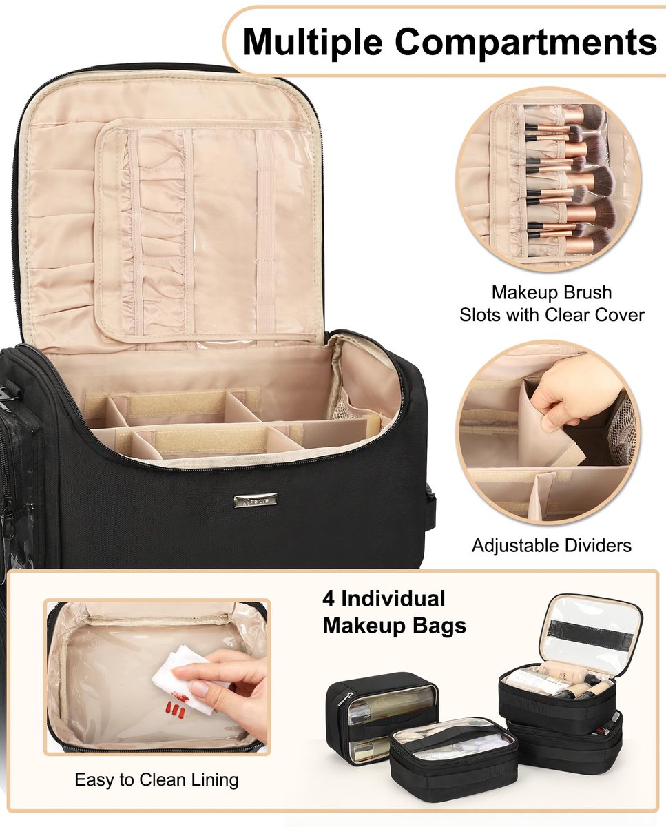 SolidKeus - Rolling Makeup Case met Wielen en 4 Transparante Tassen