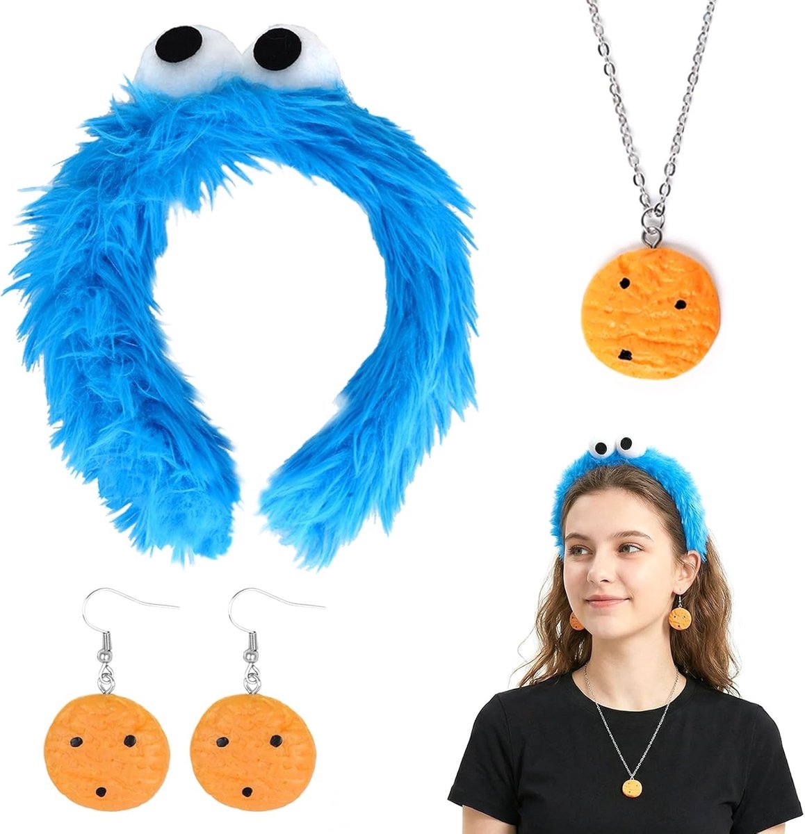 Vrouwelijk Monster Kostuum met Hoofdband, Koekjesketting en Oorbellen voor Carnaval en Feestjes, Perfect voor Koekjesliefhebbers en Themafeesten