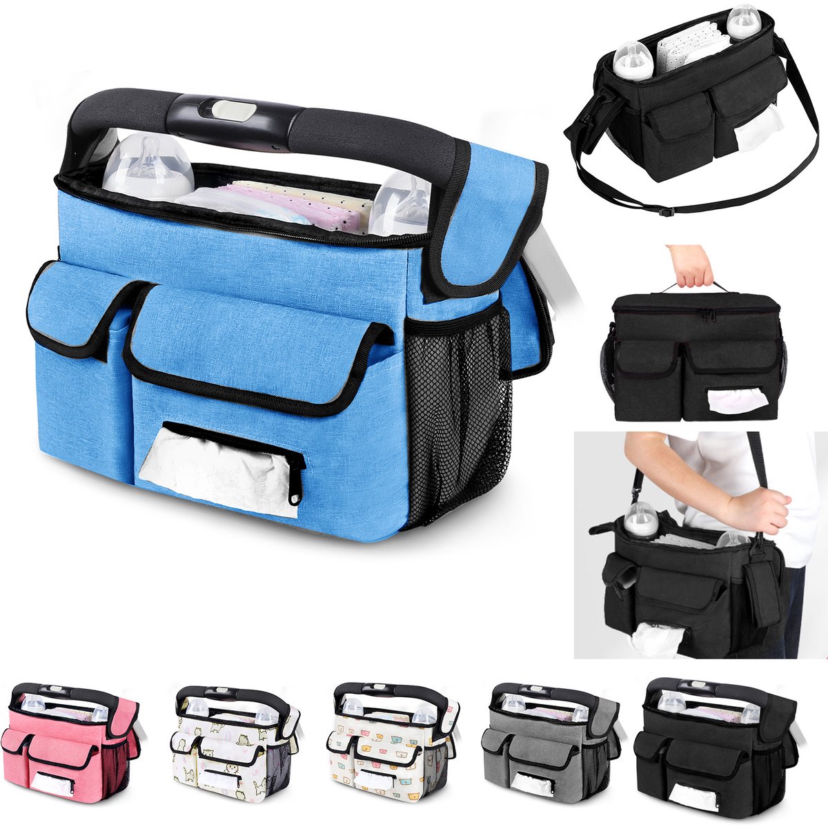 Kinderwagen Organizer - Baby tas - Compacte Tas Buggy - Luiertas Tote - Waterdichte Opbergtas - Luiertas voor Kinderwagen - Opbergtas - Waterdicht - Kinderwagen en Buggy - Opbergtas voor Kinderwagen - Ruime Opbergtas - Blauw