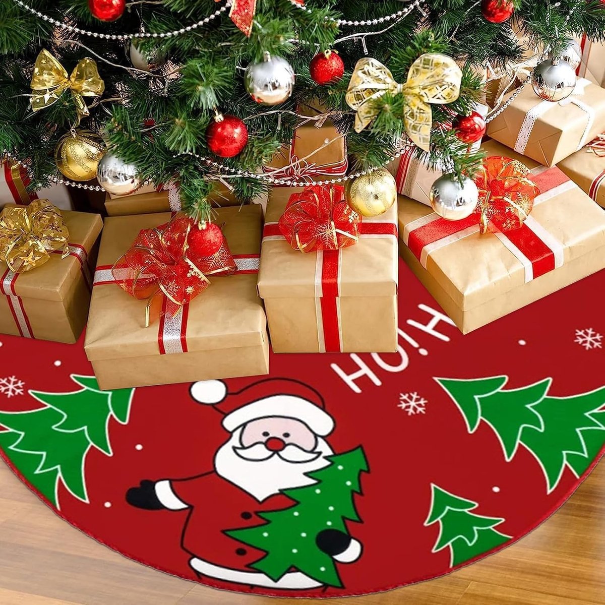 Ronde kerstboomdeken van polyester voor kerstversiering en nieuwjaarsfeest, 90 cm groot, ideaal voor feestelijke decoratie