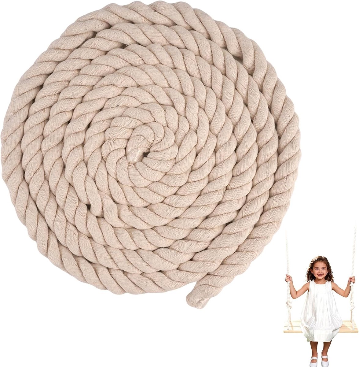 Densely Woven Katoenen Touw 20 mm, 4 m - Ideaal voor Macramé, DIY Projecten en Tuinieren in Beige