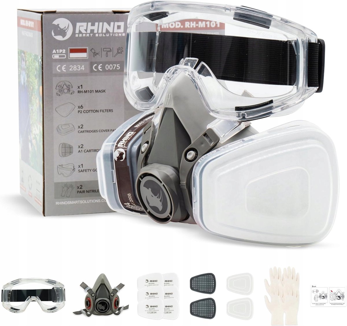 Beschermend halfmasker met gelaatsvizier, filters en handschoenen