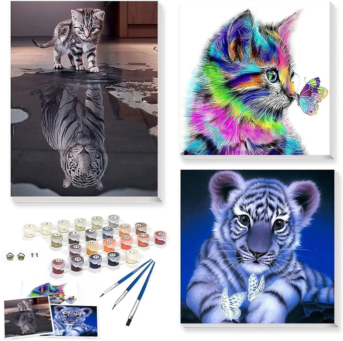 Schilderen op nummer voor volwassenen en kinderen: dieren zoals katten en tijgers, creatieve set voor 6 tot 11 jaar, ideaal voor ontspanning en kunstzinnige ontwikkeling