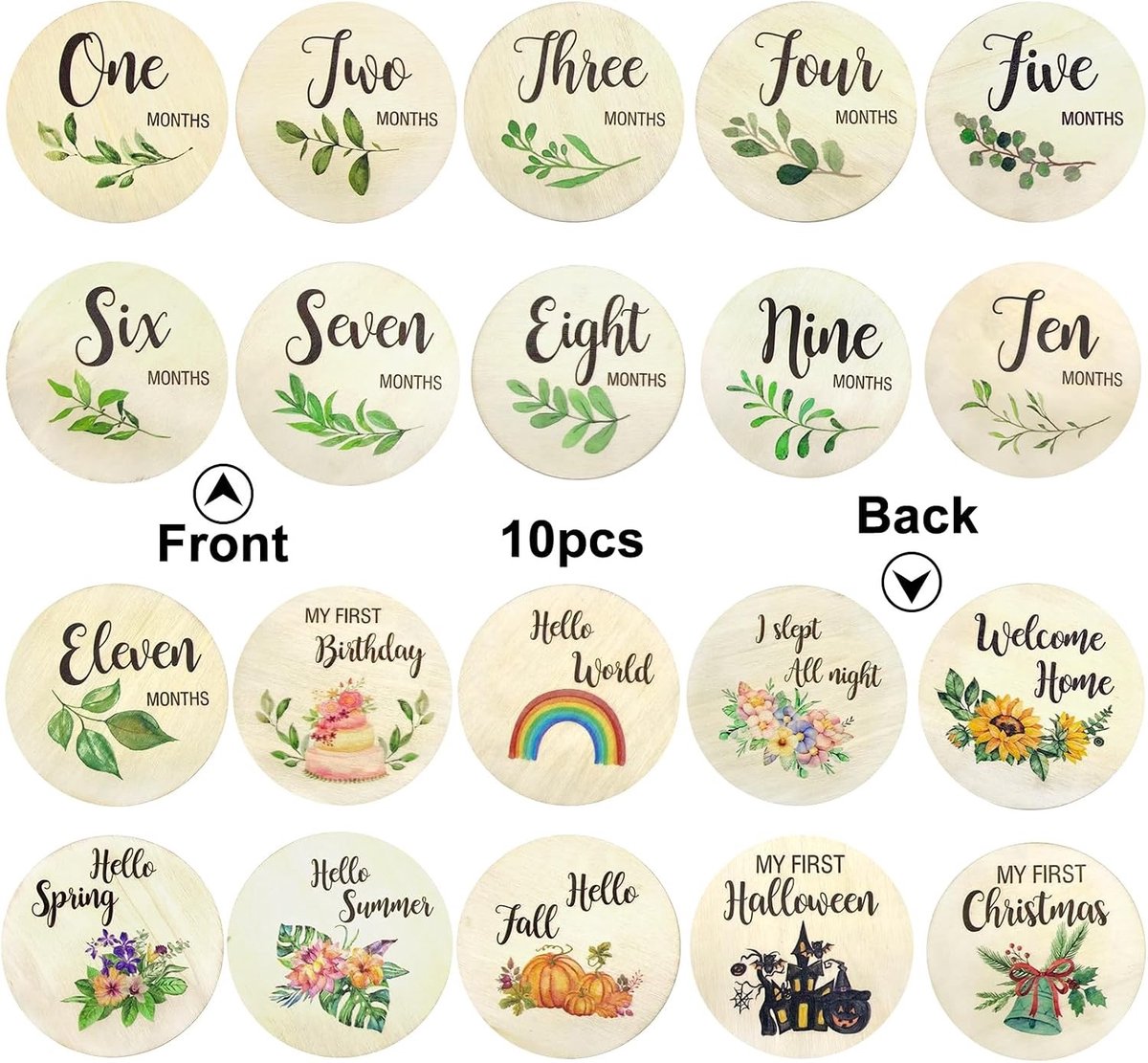 Milestone Kaarten voor Baby's, 10 Stuks, Maandelijkse Groei Kaarten, Fotografie Props en Baby Cadeaus, Houten Design