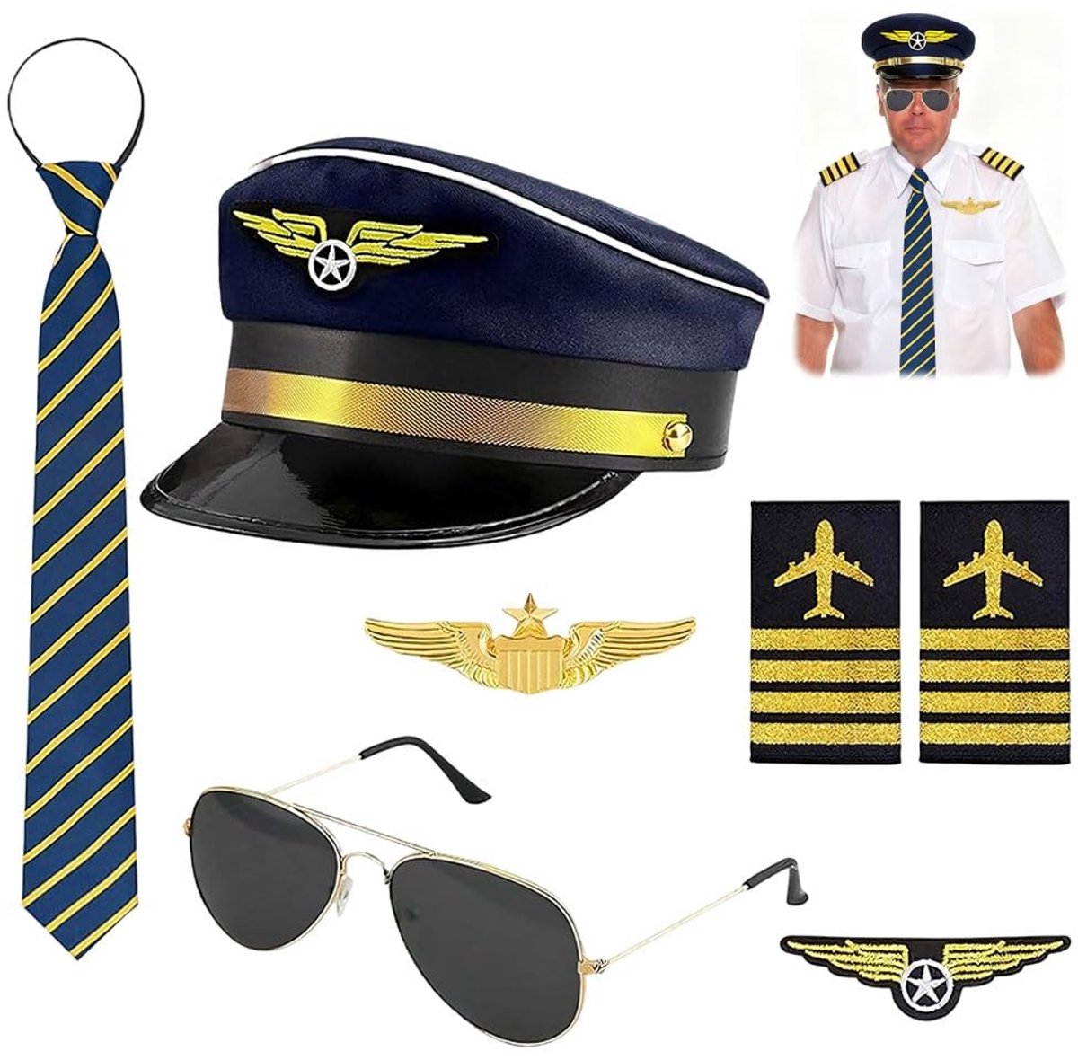 SolidKeus - 7-Delige Aviator Kostuum Accessoire Set voor Feesten