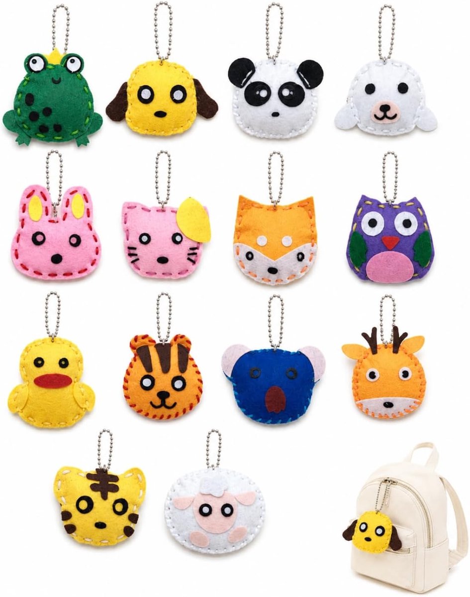 14 stuks doe-het-zelf vilten naaiset voor kinderen, dierenvormen, knutselset met vulwatten, kunststof naalden en borduurgaren, eenvoudig naaien voor beginners, 14 stijlvarianten willekeurig