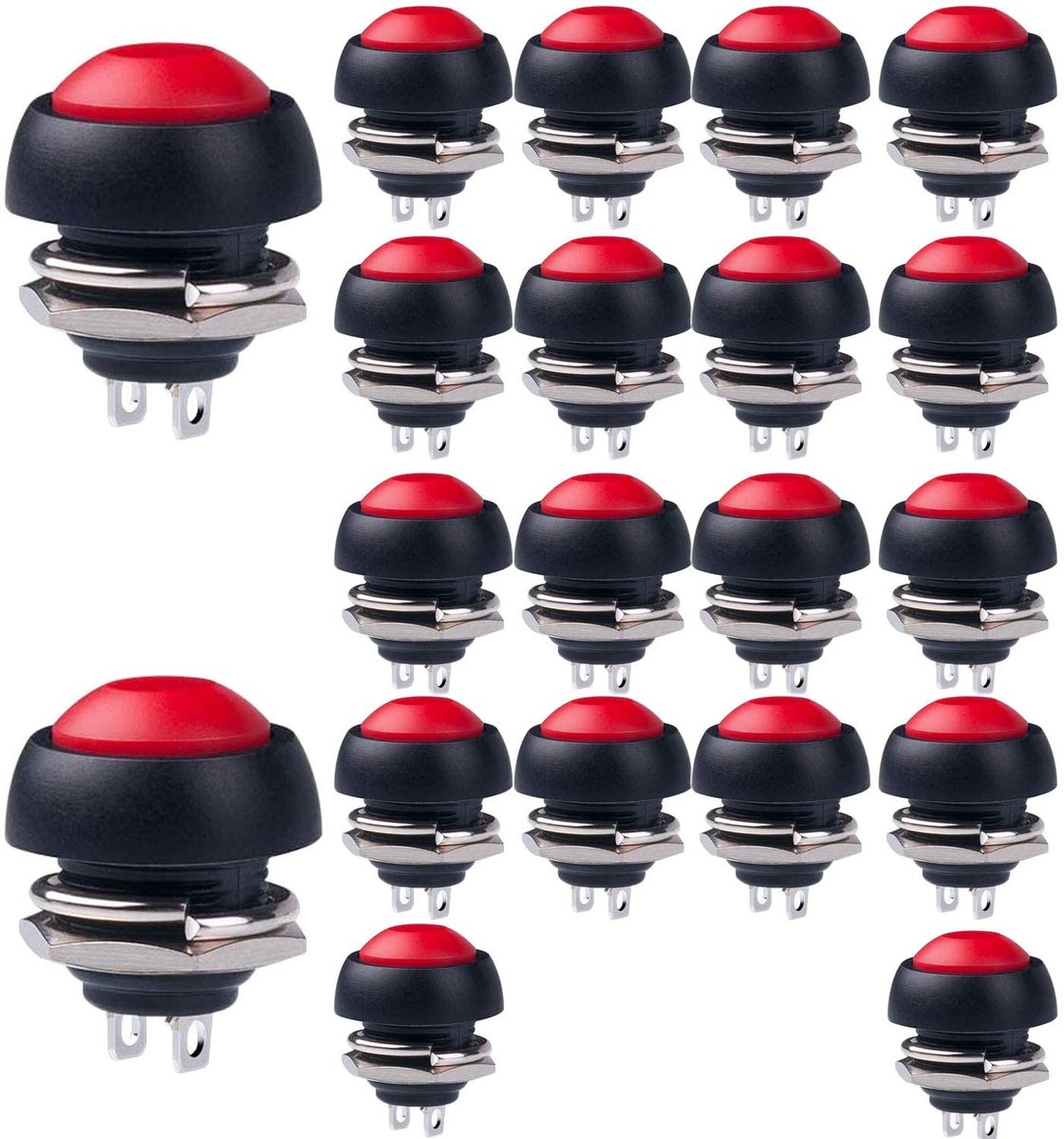 20 stuks 12 mm rood waterdicht momentaan mini drukknop, SPST AAN-UIT AC 250V/3A, ronde drukknop voor autotrompet, PC, tafellamp, deurbel