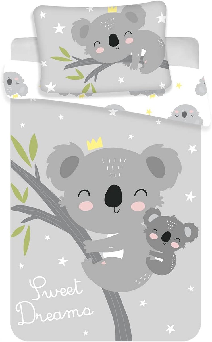 Beddengoed, 100 x 135 cm, 100% katoen | Omkeerbaar baby beddengoed | Natuurlijk katoen zacht ademend | Koala design | 0-3 | Ledikant | Cadeau | Machinewasbaar