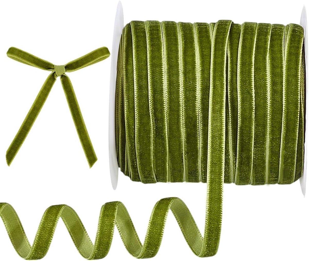 PandaHall 50 m olijfgroen fluwelen lint, 1/4 inch enkelzijdig lint, fluwelen satijnen lint, knutsellint voor geschenkverpakking, strik, maken, bloemen, boeket, krans, bruiloft, feest