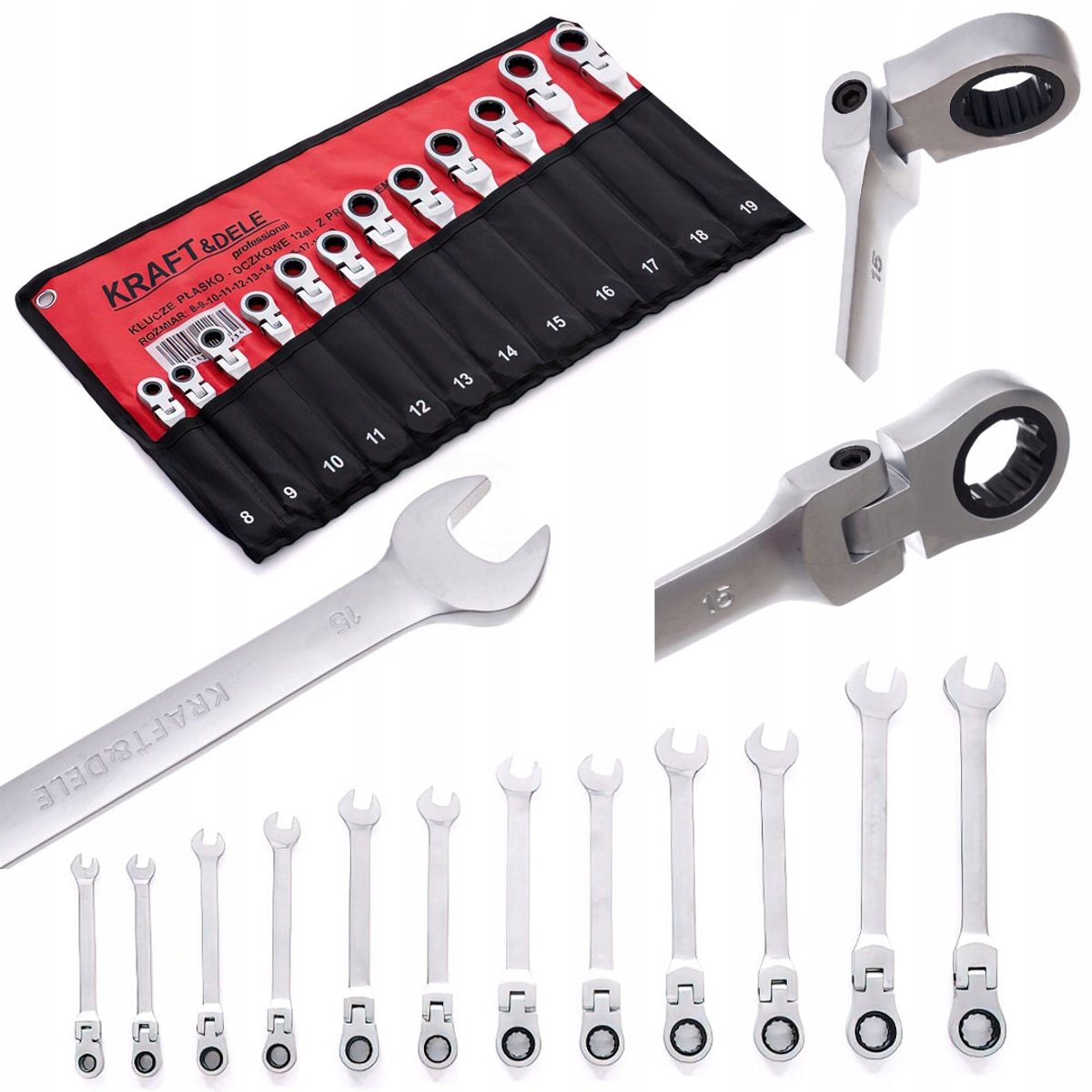 Set Ringsleutels met Ratel, 12 Delig, 8-19mm, Gebogen
