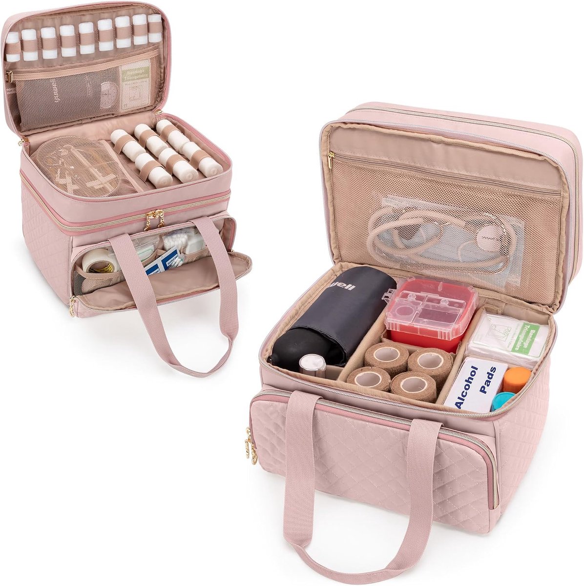 Tas voor medische benodigdheden (Roze) | 21 elastische banden, 2 netvakken, 5 afneembare scheidingswanden, voorvak, medicijnvak voor tabletten en flessen