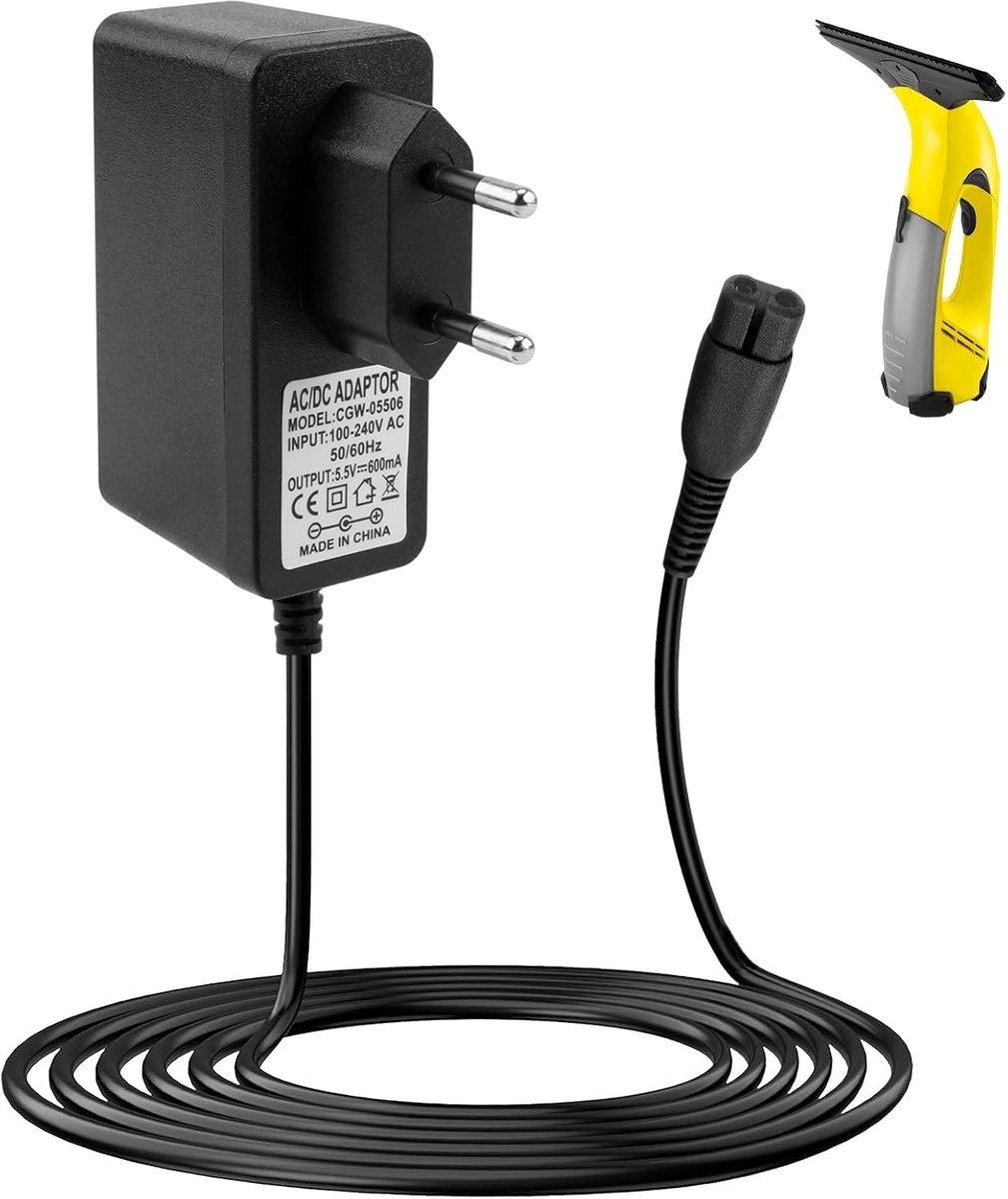 Oplader voor Kärcher glasreiniger, 5,5 V, netadapter met kabel, 1,5 m, compatibel met WV1 WV2 WV50 WV55 WV60 WV75 WV70 WV Classic Plus, glasreiniger voor Kärcher