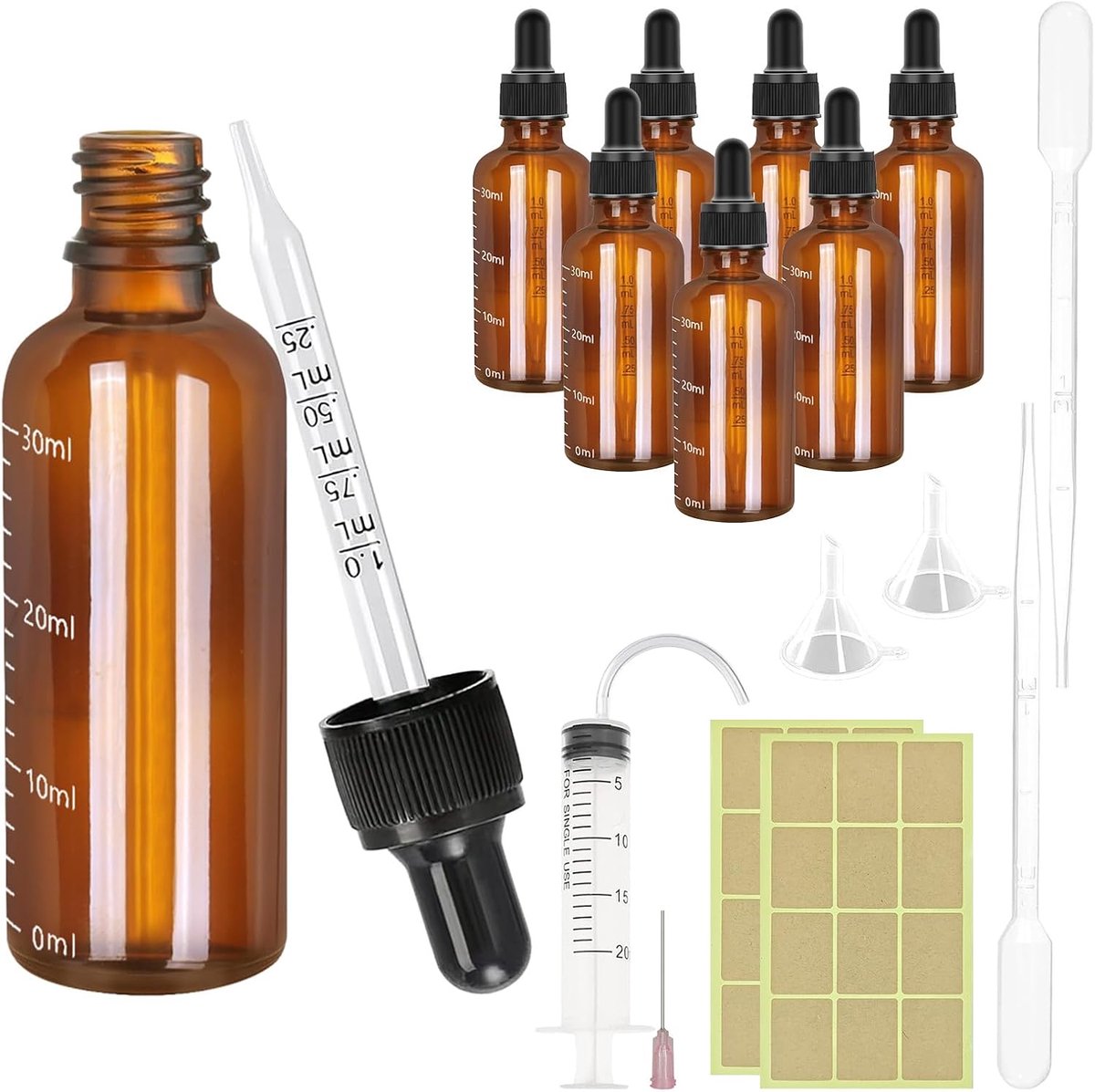 8 Stuks Glazen Pipetflesjes 30 ml, Glazen Flessen met Glazen Pipet, Fles Apothekersfles met Trechter Spuit Etiket, Bruine Druppelfles voor Etherische OliëN, Parfumolie, Vloeistof