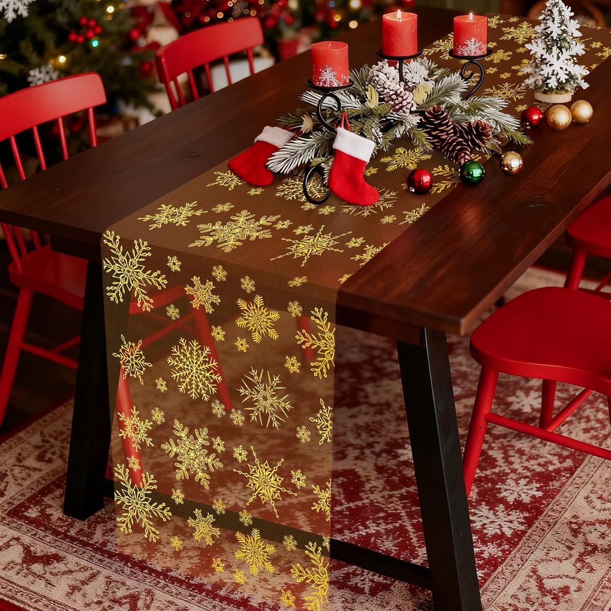 Tafelloper Kerstmis Rol, goud organza-stof, kersttafelloper met sneeuwvlokken, kersttafelloper, kerstdecoratie voor binnen, 28 x 920 cm, kersttafelloper, tafelkleed voor moderne tafeldecoratie