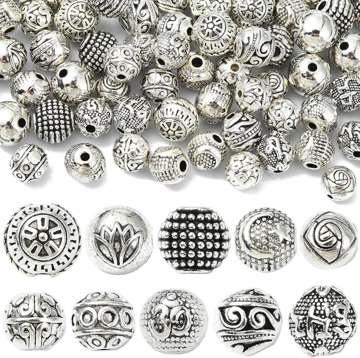 100 stuks 10 stijlen Tibetaanse zilveren spacer kralen, ronde retro patroon losse kralen voor sieraden maken, doe-het-zelf armbanden, knutselen, haarbanden
