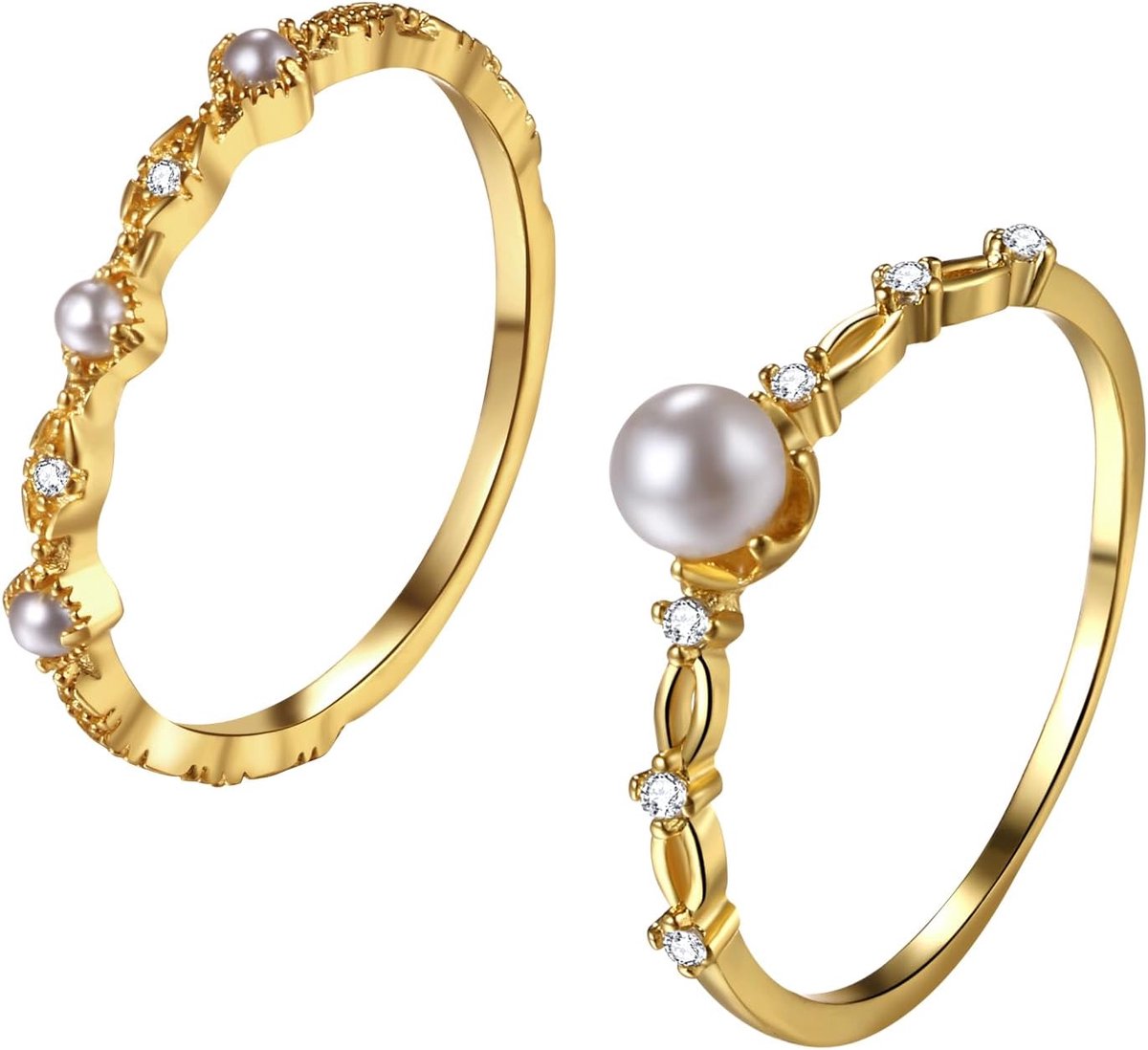 Dames Ring met Kralen Zirconia: 2 Stuks Gouden Kralen Ring met Zoetwaterparels Stapelbare Verlovingsring Trouwring Damesring Cadeau voor Vrouwen Vriendin Zus Maat 49