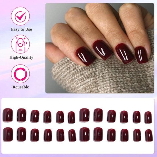 24 stuks nagels om op te plakken kort hoekig, wijnrood French press on nails, acryl full cover kunstnagels, glanzend herbruikbare nep nagels voor vrouwen meisjes DIY manicure — afbeelding 4