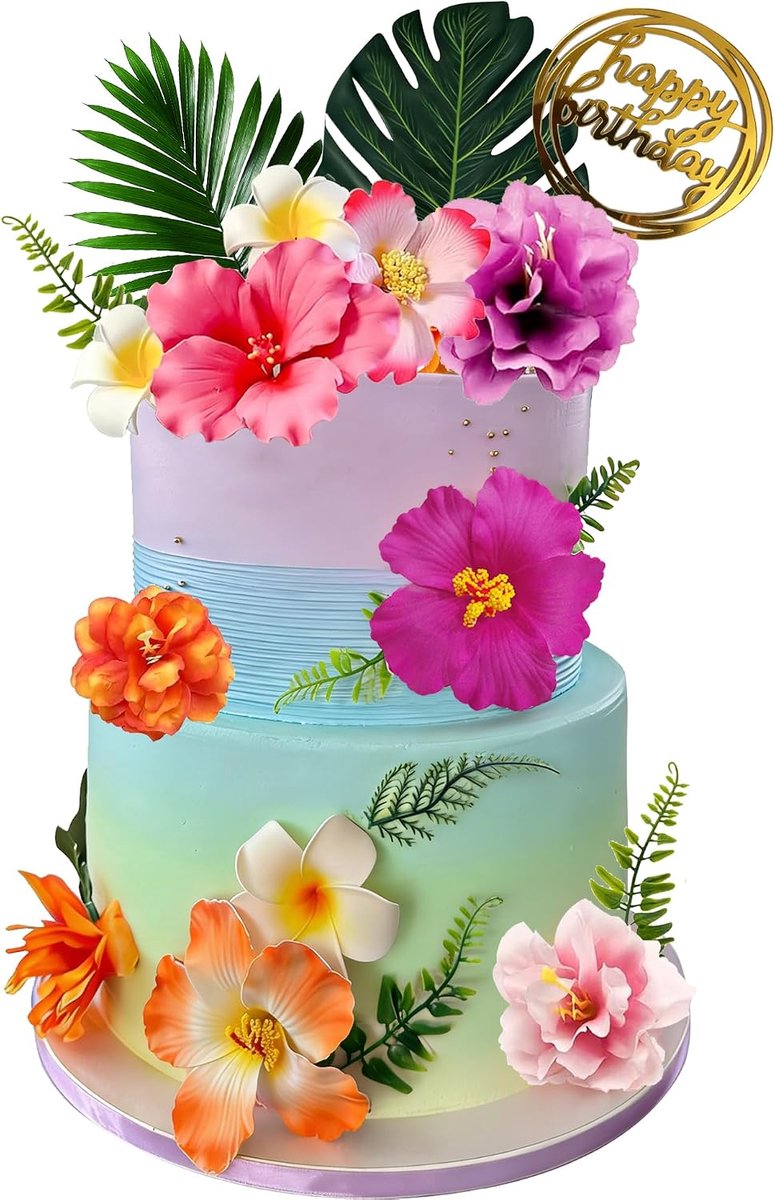 19-delige set Hawaiiaanse taartdecoraties, tropische taarttoppers met hibiscusbloemen en palmbladeren voor zomerse flamingo-, strand- en verjaardagsfeesten