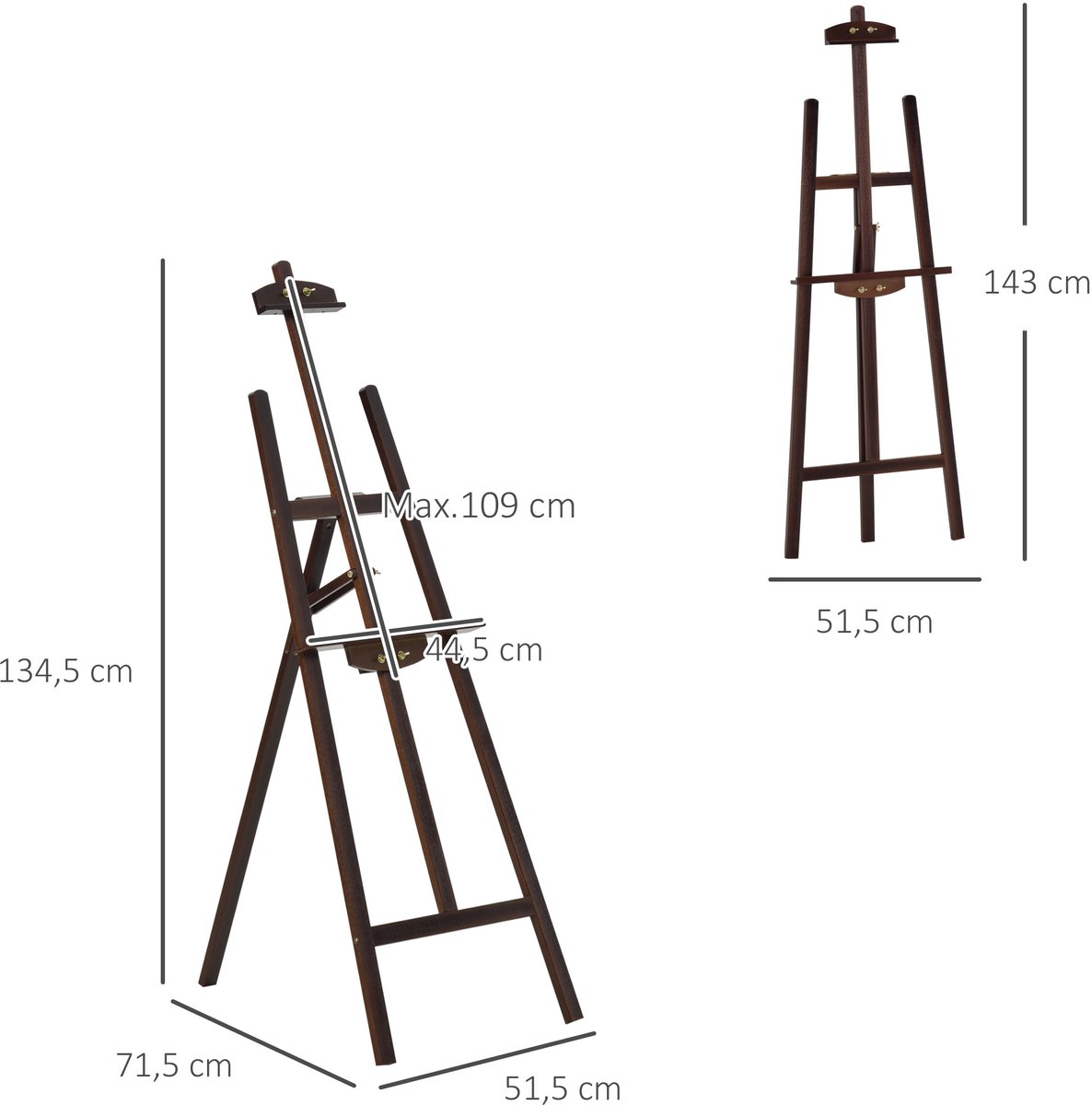 Kunstenaarsezel op poten - 51,5 x 71,5 x 134,5 cm - grenenhout - koffiekleur - Hellingshoek in hoogte verstelbaar - 90° max.