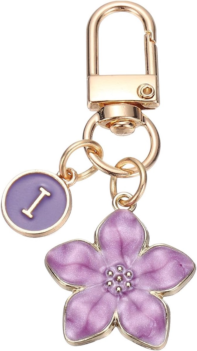 Leuke bloem sleutelhanger, Letter-I eerste sleutelhanger charme voor vrouwen, paars