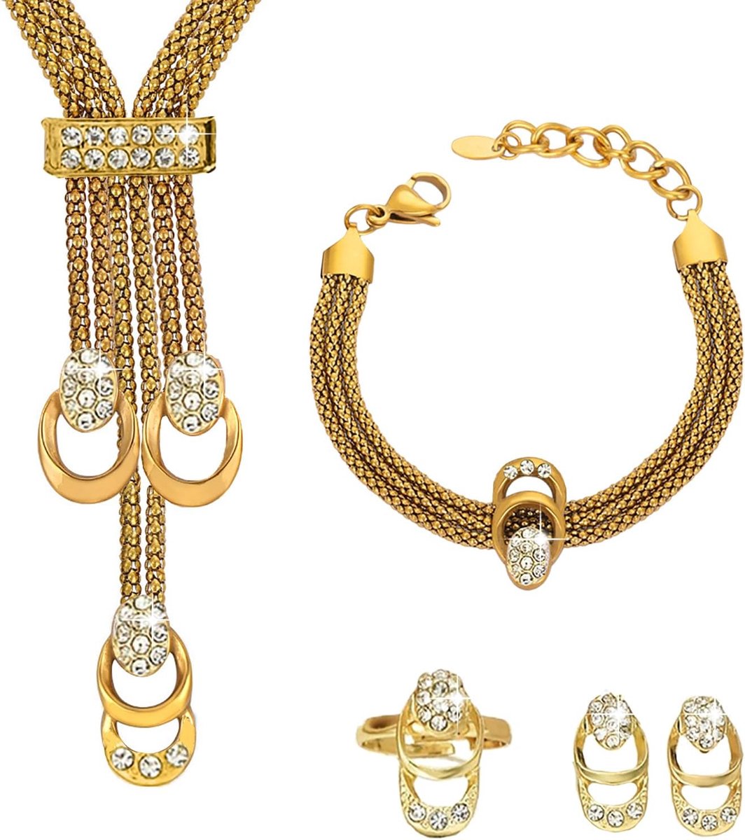 Sieradenset voor dames, elegante sieradenset met sprankelende ketting, oorbellen, armband, ringsets voor vrouwen, bruidscadeaus