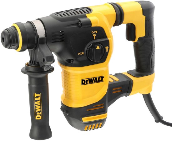 Gele DeWalt SDS-Plus combihamer met extra handvat.