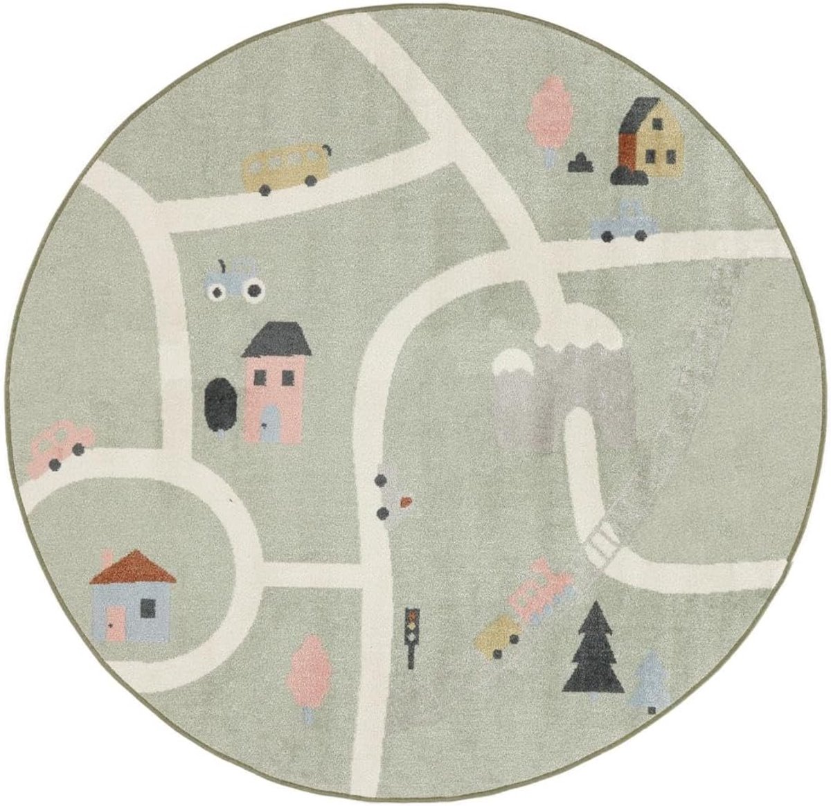 Road map Kinderkleed, Ø 150 cm, Groen/Multi | Moderne, Kinderen, Rond, Laagpolig, Machinewas, Oeko-Tex 100, Zonder gevaarlijke chemicaliën, Kinderkamer