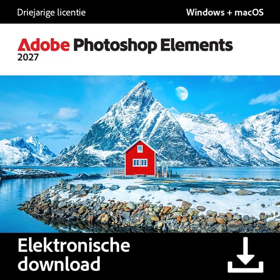 Adobe Photoshop Elements 2027, driejarije licentie, elektronische download voor Windows en macOS. Afbeelding van een rood huisje tegen een besneeuwd berglandschap.