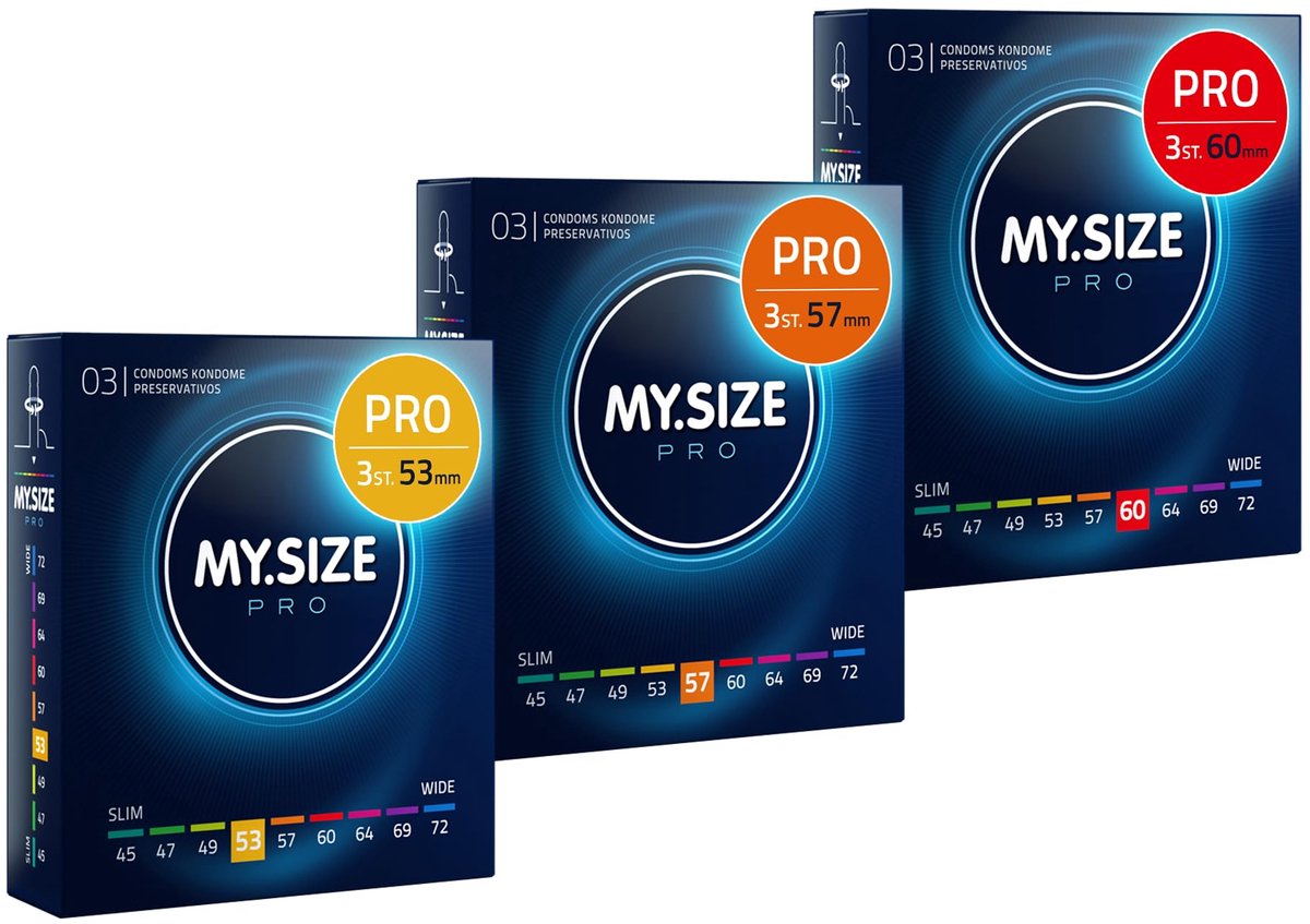 MY.SIZE PRO Condoom maat 3,4,5-53,57,60 mm, 3x3 condooms - perfecte pasvorm en een geschikte maat voor iedereen