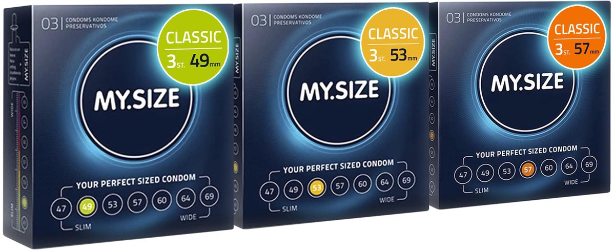 MY.SIZE Classic condooms 3-delig proefverpakking I 49, 53, 57 mm breed I 3x3 stuks premium condooms extra dun I condooms true to touch gossamer I dunne 0,07 mm wanddikte I condooms veganistisch