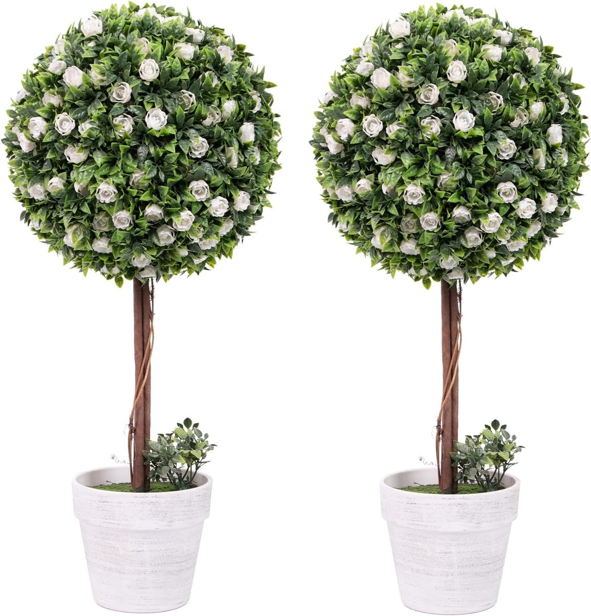 Set van 2 kunstplanten in de vorm van topiary-bollen met bloemen - Wit - Realistische topiary-bol - Witte plantenpot - Realistische kunststruiken