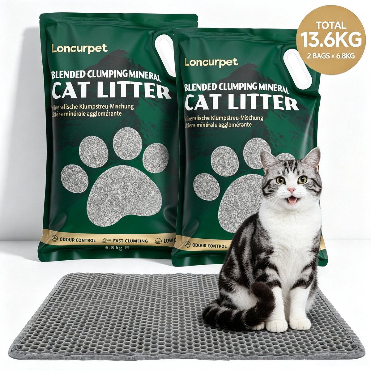 Loncurpet - Kattenbakvulling - Met Kattenbakmat - Gemengd Kattengrind - 2 x 6,8kg - Natuurlijke Ruw Erts samenstelling - Snelle klontvorming - 100% Stofvrij - Optimale Geurcontrole