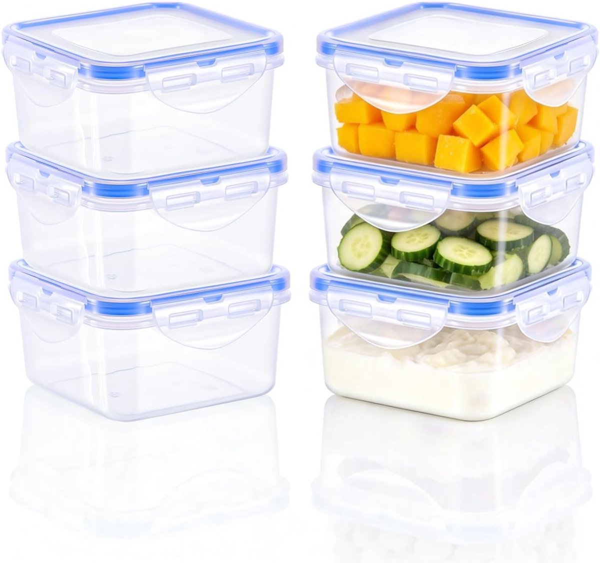 6 Pack 400ml Vierkante Voedselcontainers met Deksel - Luchtdicht, Herbruikbare Plastic Snackpotjes, Lekvrij en Stapelbaar voor Yoghurt, Fruit en Snacks
