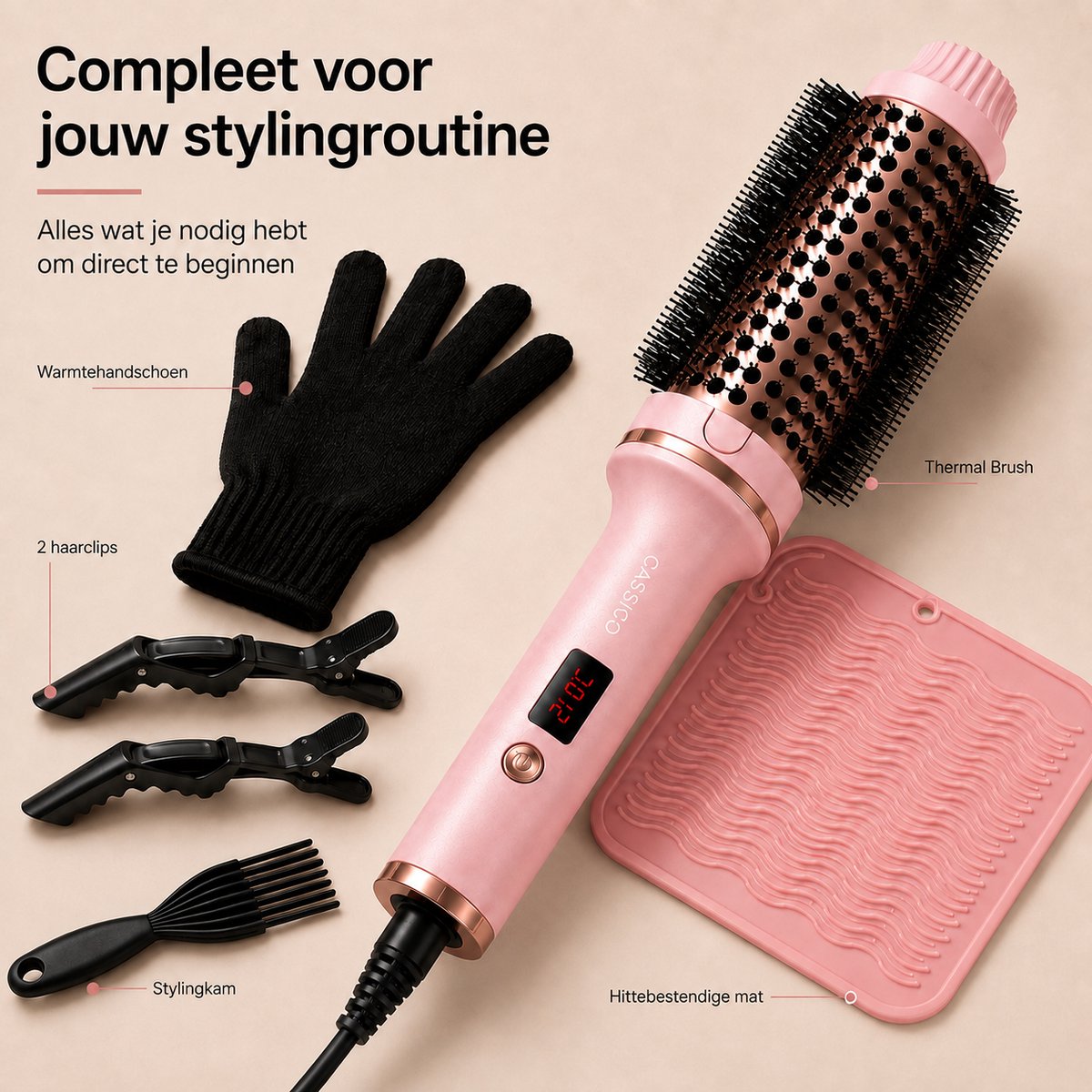 CASSICO® Thermal Brush - Keramische Warmteborstel - Krulborstel Hitte Borstel in 1 - Krultang - Fohnborstel en Airstyler Alternatief - Roze - Incl. Accessoires — cadeau in Verzorging - foto 8