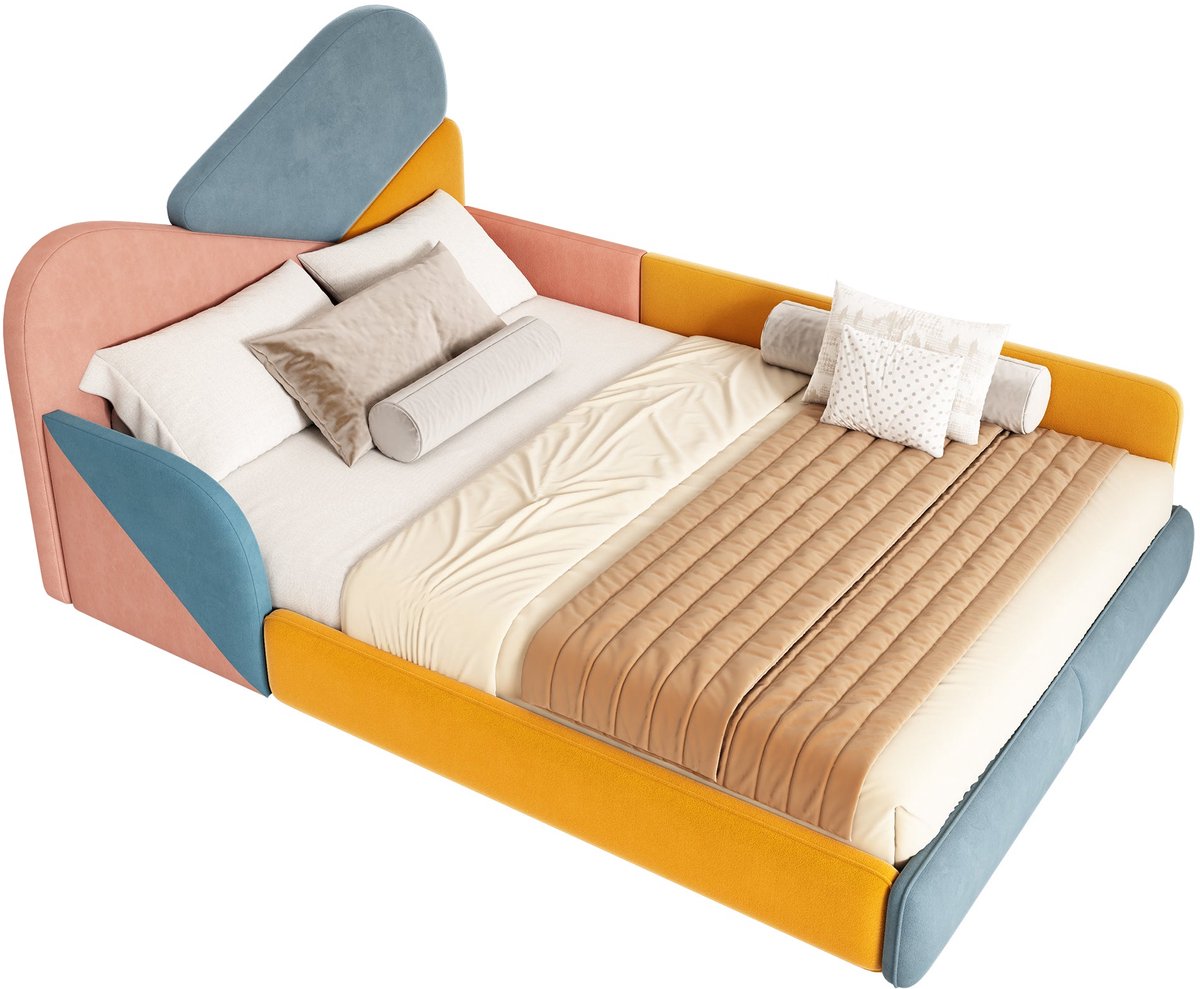 Merax Gestoffeerd Kinderbed 140 x 200 cm - Fluweel - Verhoogde Veiligheidsranden - Lage Instap - Houten Lattenbodem - Meerkleurig