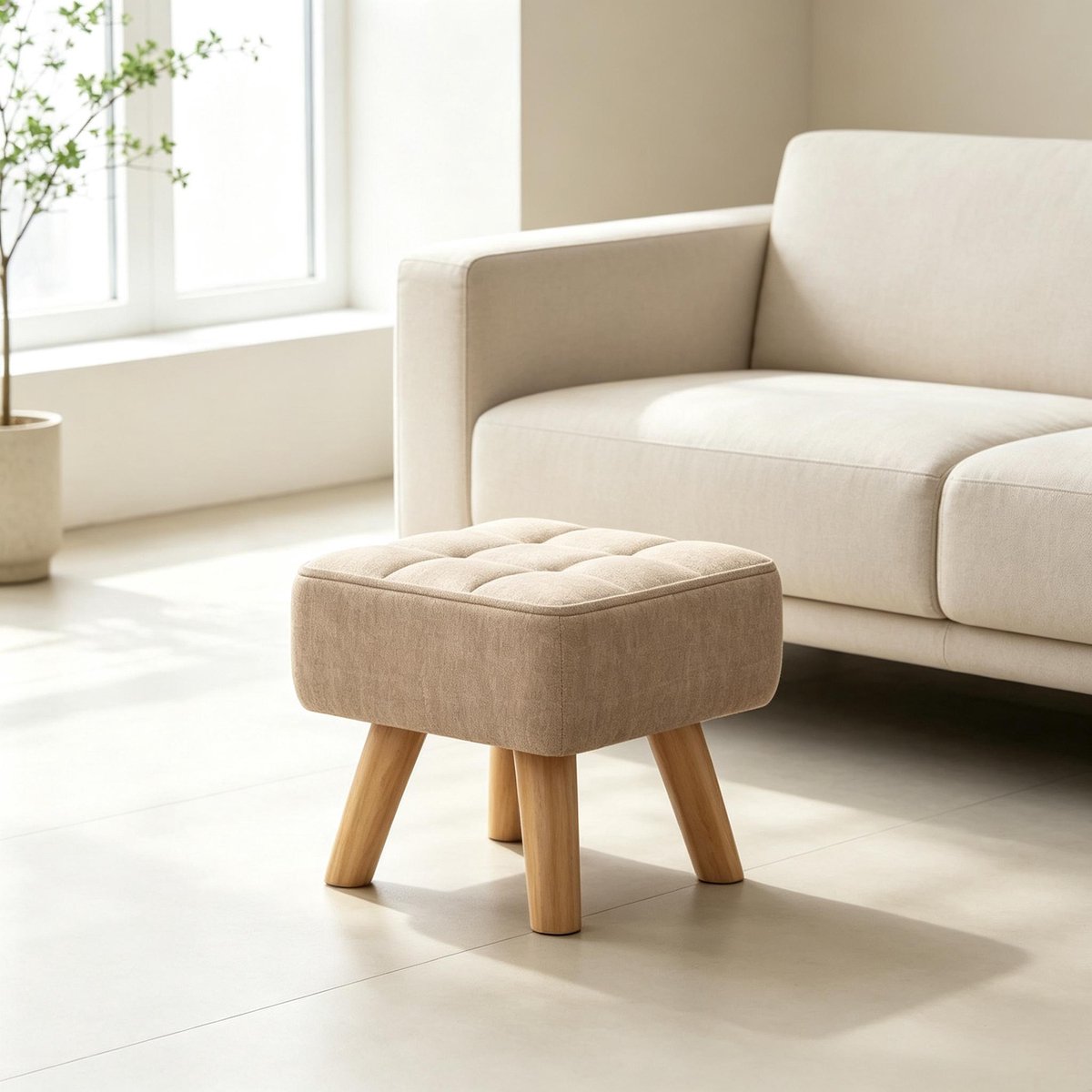 COVREO Hocker 27x27x26 cm lichtbruin, linnen en hout, voetenbank