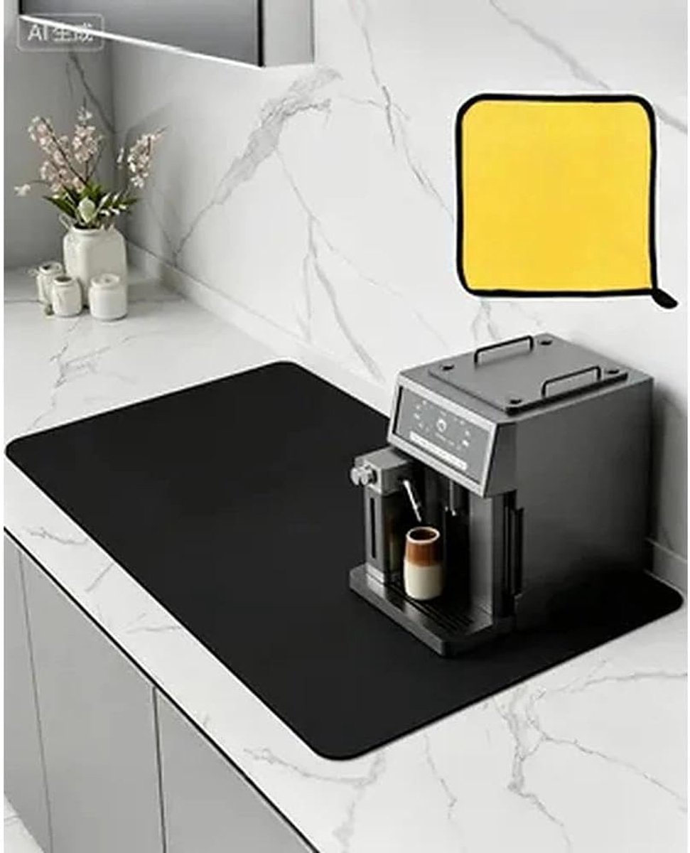 Afdruipmat voor koffiemachine - 30 x 40 cm - sneldrogend - absorberende onderlegger - super absorberende afdruipmat - met gele doek - voor keuken - gootsteen en badkamer - zwart