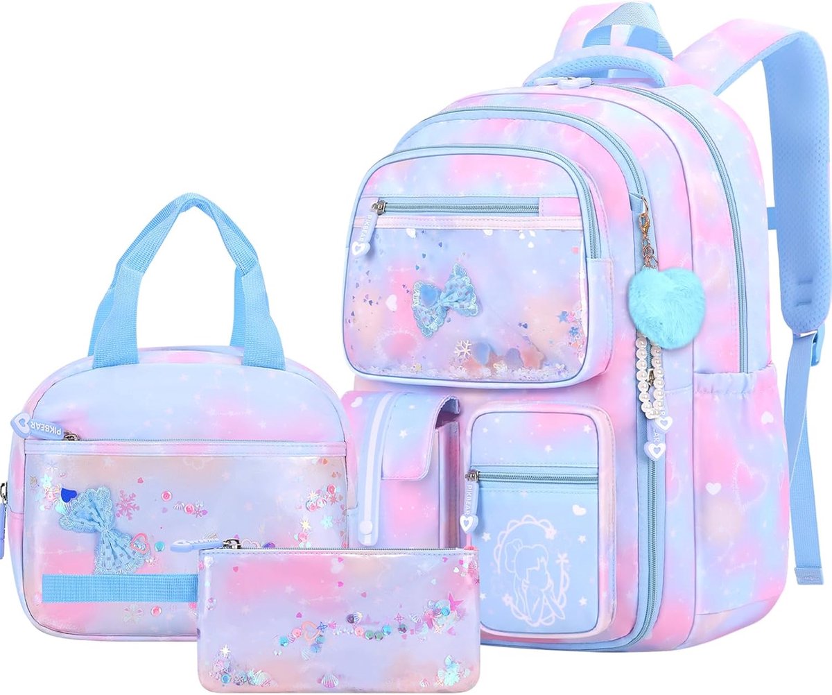 Set schoolrugzak meisjes tieners 3-delig, schooltas met lunchtas pennenetui middelbare schotel voor school reizen voor 15,6" laptop 9264