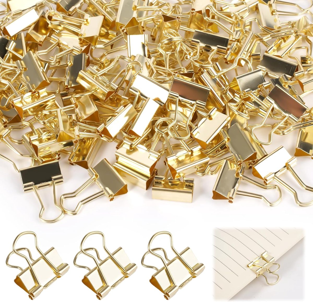 100 stuks foldback nietjes, goud, 19 mm, gouden klemmen, metalen klemmen | goud, papierklemmen, klein, bindclips, gouden paperclips, voor kantoor, school en huishouden