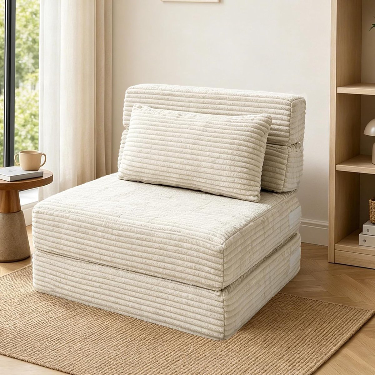 Opvouwbare slaapbank met kussens en matras met rugleuning, draagbaar bed voor woonkamer, slaapkamer en gasten, kapwit