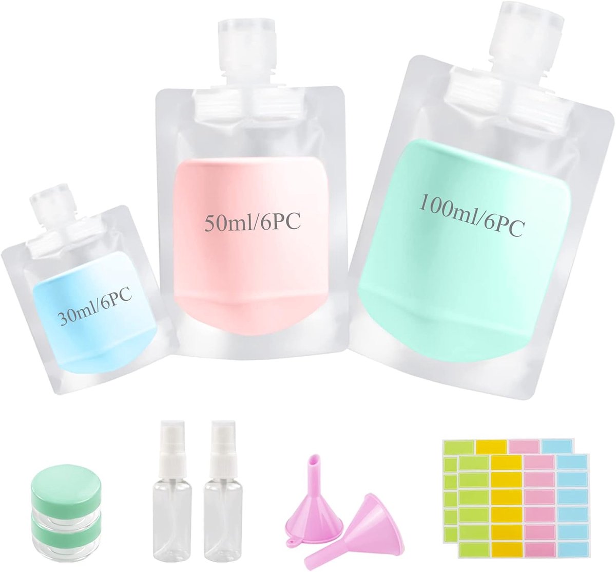 18 stuks reisflessen om te vullen, reisflessen set lichtgewicht 30/50/100ml, reisflessen voor toiletartikelen, reisgadgets, navulbare lege spuitzakjes voor shampoo, douchegel, crème