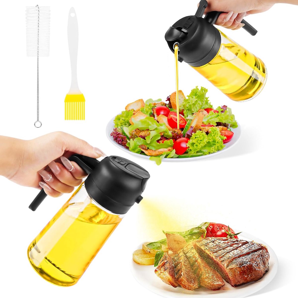 Oliespuitfles, 470 ml, oliesproeier voor glas, 2-in-1 oliespuit voor spijsolieglas, extra olieborstel en reinigingsborstel, oliespray voor koken voor salade, grillen, bakken in de keuken, voor koken