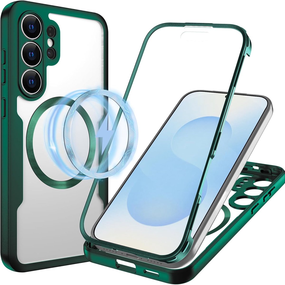 Beschermhoes voor Samsung S26 Ultra, schokbestendige beschermhoes met geïntegreerde displaybescherming, 360° dun, transparante siliconen hoes, groen