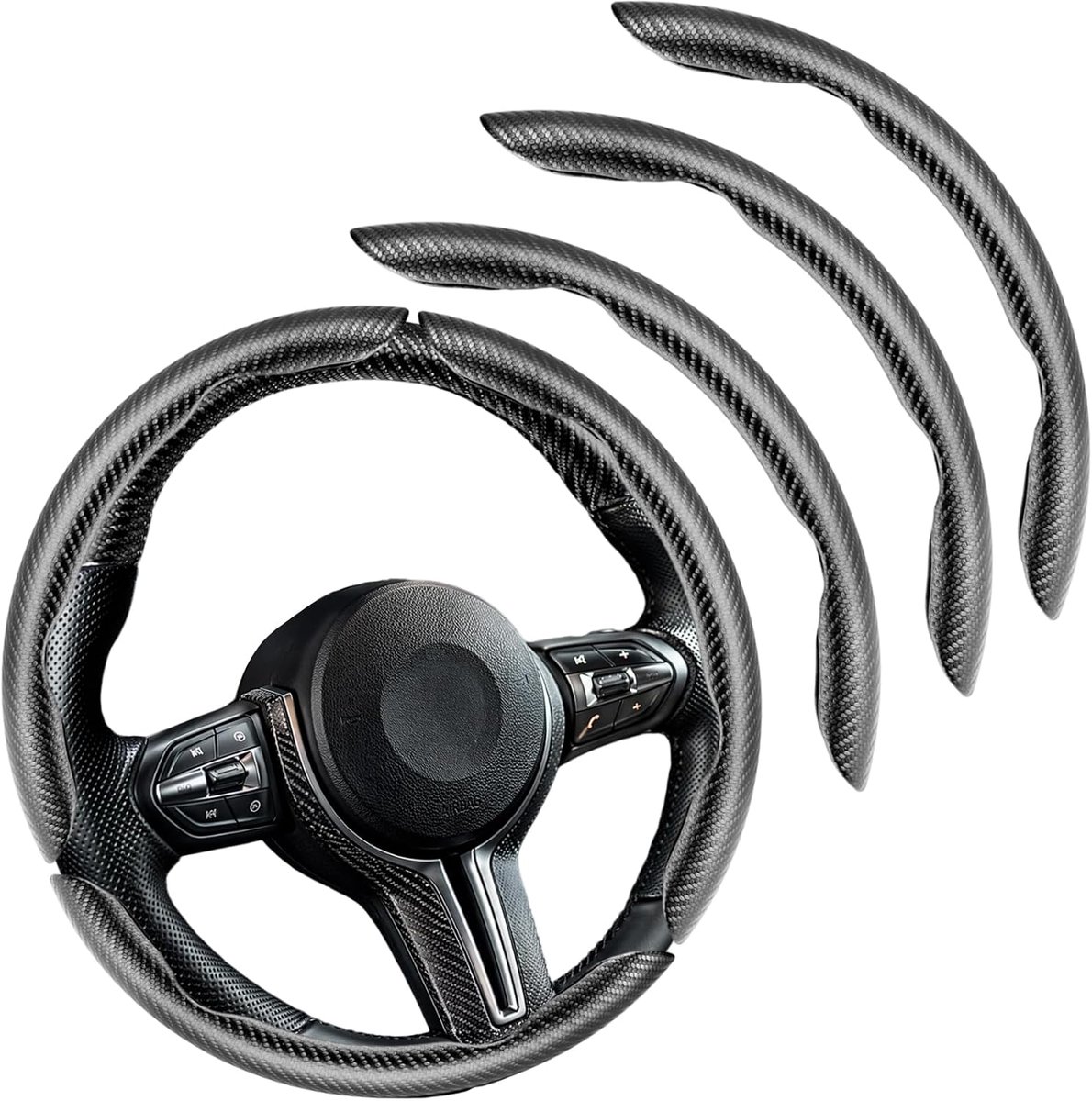 Stuurhoes, 38 cm, 3 stuks, modieuze gesegmenteerde autostuurbescherming, universele gesegmenteerde stuurbescherming, koolstofvezel, stuurhoes, voor de meeste auto's, SUV's, vrachtwagens